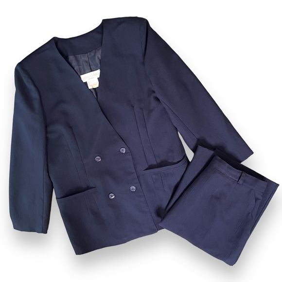 Navy Vintage 80s Ribbed Matching Blazer & Skirt Set - Picture 2 of 13